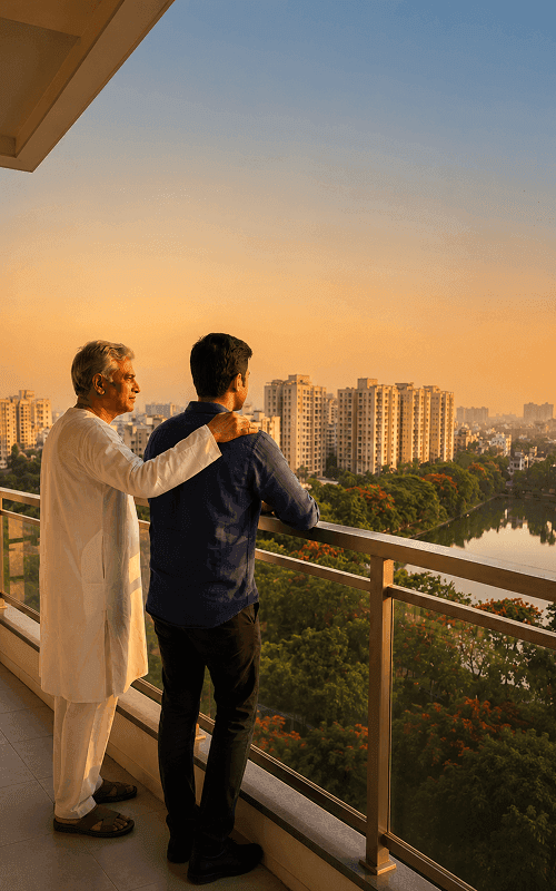 An evening view of a completed GM Group residential tower in Kolkata
