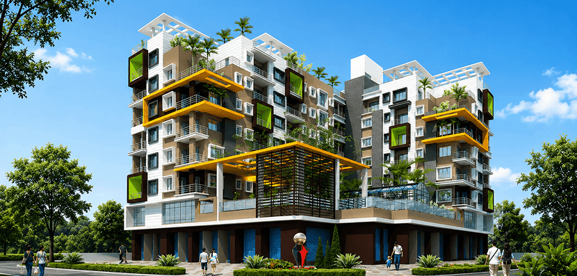 The Meena Verde facade from the landscaped courtyard